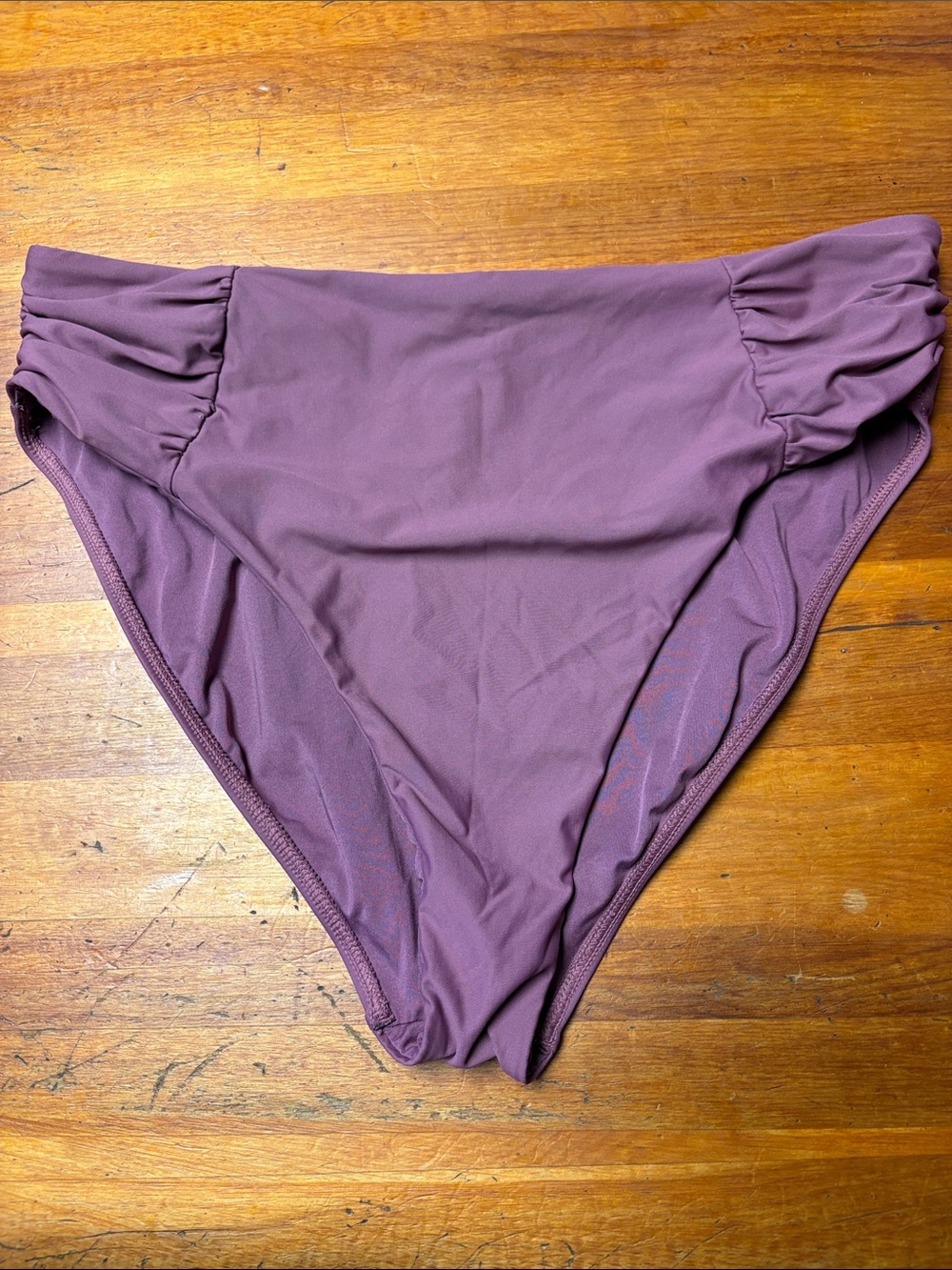 Ruched High-Rise Bikini Bottoms in Dusty Purple